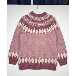 VTG 80s Nethy Products Pure Wool Sweater Fair Isle Scotland Pink Medium